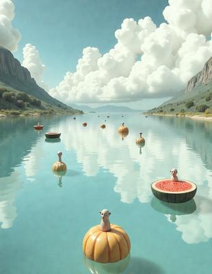 The primary subject of the image is a group of floating objects, including a boat and a watermelon, placed in a body of water. The setting is a serene lake, with mountains visible in the background. The visual style is a combination of photo and digital art, creating a unique and artistic representation of the scene. The colors and mood are predominantly blue and calm, reflecting the tranquility of the lake and the floating objects.